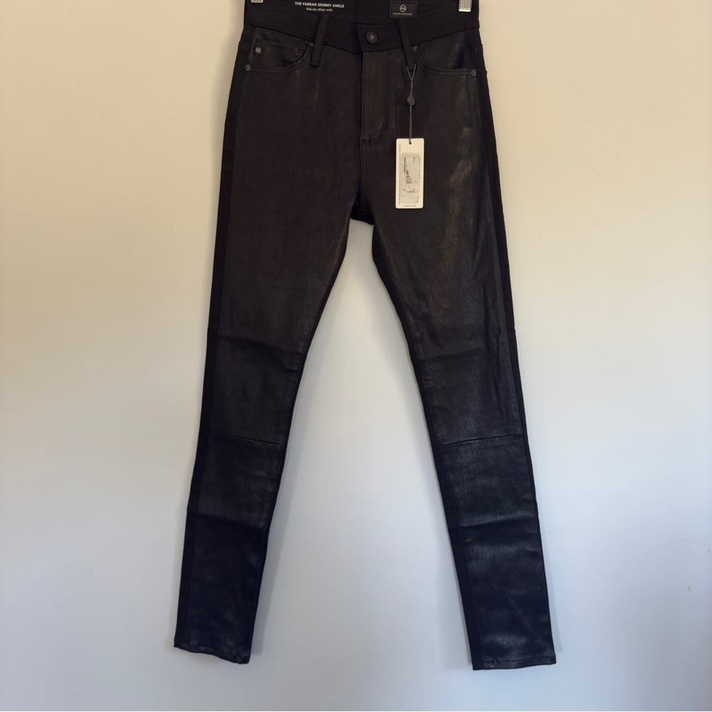 NWT AG Farrah Skinny Ankle High-Rise Faux Leather Front Denim Back Black Size:25 - Picture 2 of 4